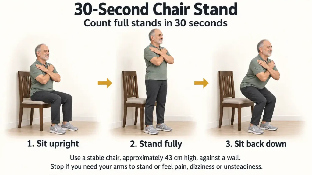 Three-step illustration of an older man performing the 30-second chair stand test with arms crossed: sitting, standing fully and sitting back down.
