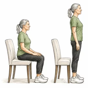 Senior woman performing a chair sit-to-stand exercise for leg strength