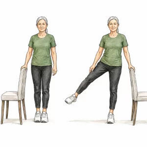 Senior woman performing a controlled hip mobility exercise with chair support