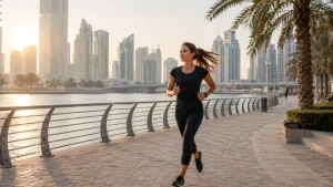 Woman jogging along a Dubai waterfront during the Dubai Fitness Challenge 2026