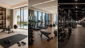 Home gym, building gym and commercial gym comparison image for personal training in Dubai