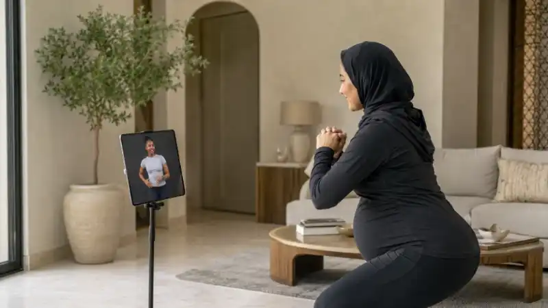 Pregnant woman doing online prenatal personal training at home in Saudi Arabia using a tablet.