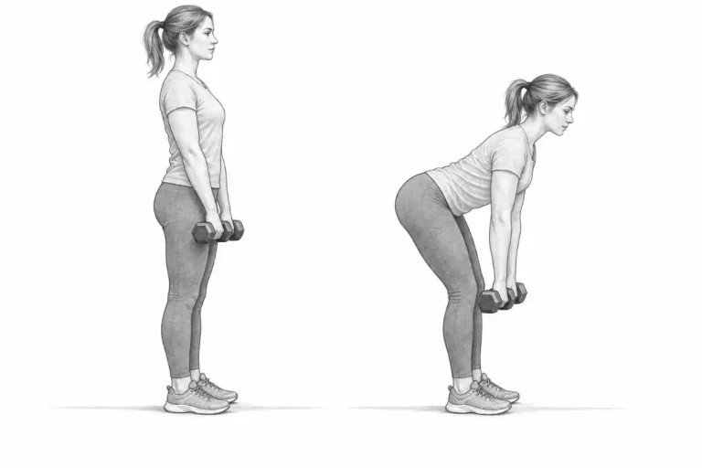 Side-view sketch of a woman standing and hinging at the hips with dumbbells held close to her legs.