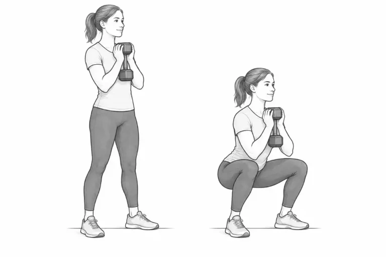 Sketch of a woman demonstrating the standing and lowered positions of a goblet squat, holding a dumbbell at her chest.