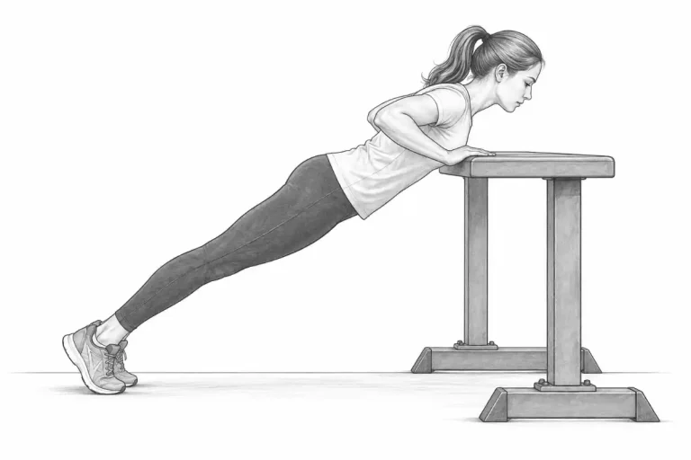 Sketch of a woman performing an incline push-up with her hands on a raised support.