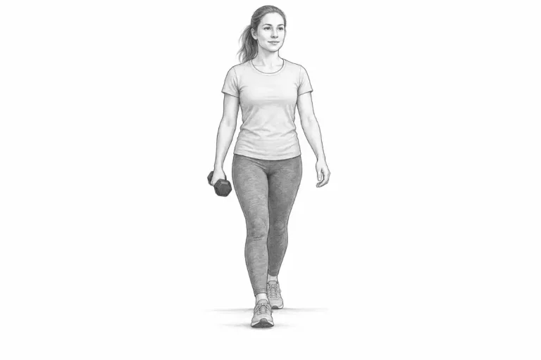 Sketch of a woman walking upright while carrying a dumbbell in one hand at her side.