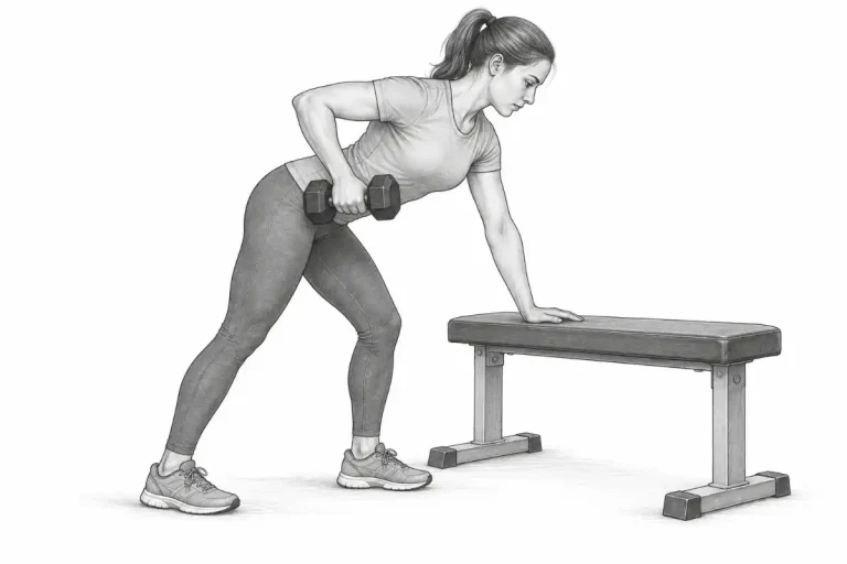 Sketch of a woman rowing a dumbbell towards her waist with her other hand resting on a bench for support.