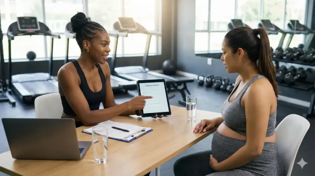 Rozzie Kinyua is consulting a Client regarding Prenatal Training in Dubai