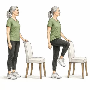 Senior woman performing a supported balance exercise while holding a chair