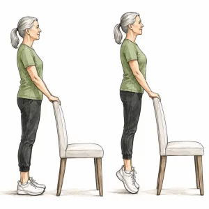 Senior woman performing supported heel raises while holding a chair