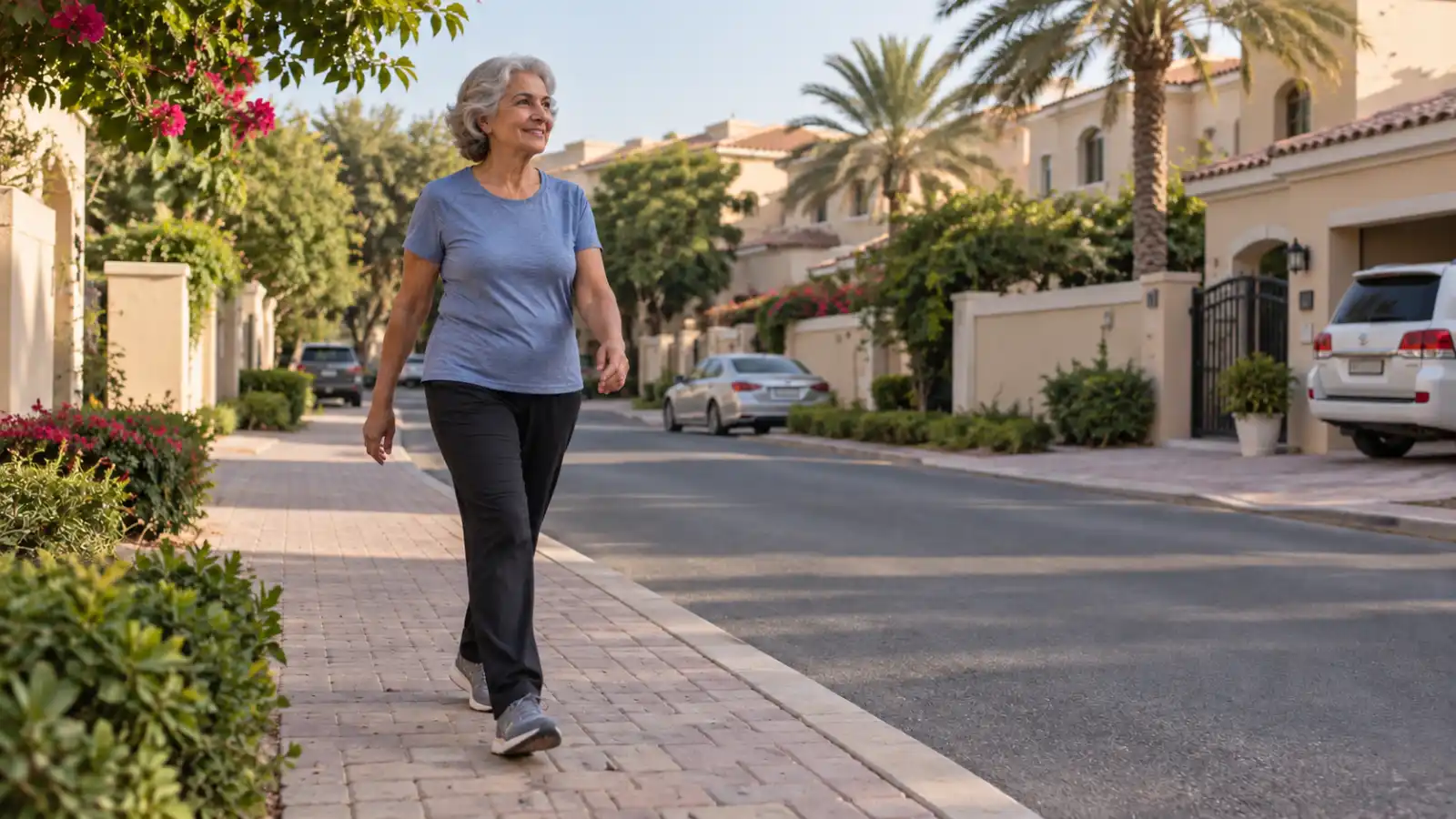 Older woman enjoying a morning walk past beige villas, palm trees and parked cars in a Dubai residential neighbourhood.