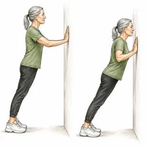 Senior woman performing a wall push-up exercise for upper body strength