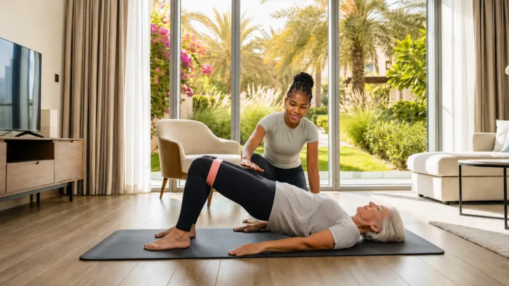 Private active aging and mobility coaching in Dubai with a trainer guiding safe strength and balance exercises in a home or building gym.