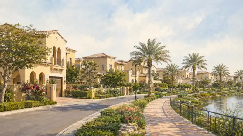 Illustrated view of Arabian Ranches, Dubai with Mediterranean-style villas, greenery and quiet residential streets.