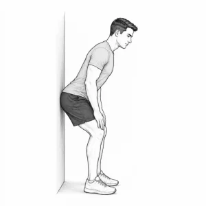 Beginner practicing a wall hip hinge with a neutral spine