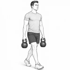 Beginner performing a farmer’s carry with kettlebells for functional strength