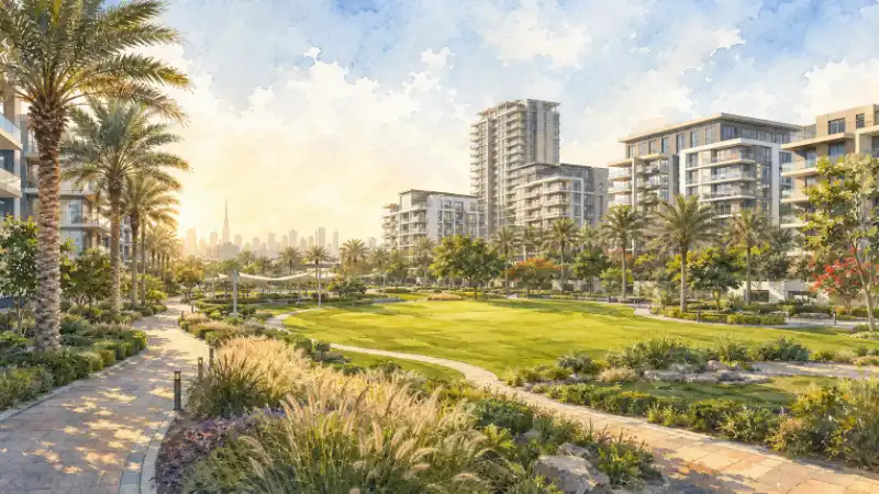 Illustrated view of Dubai Hills Estate with landscaped parkland and modern residential buildings in Dubai.