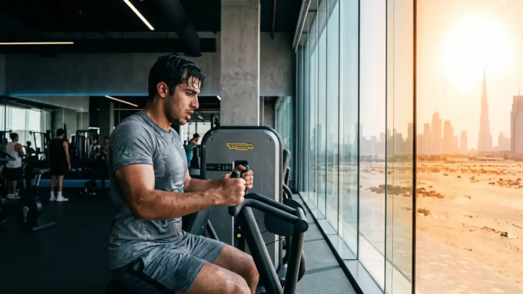 Personal trainer Rozzie Kinyua training client in Dubai during summer heat