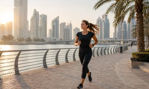 Woman jogging along a Dubai waterfront during the Dubai Fitness Challenge 2026