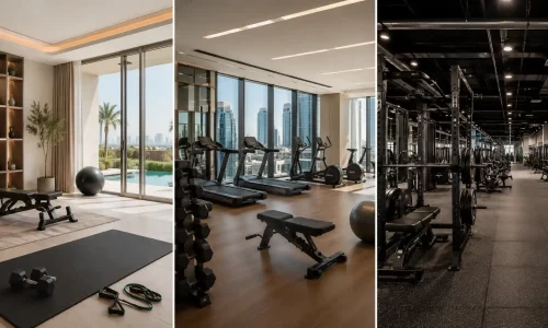 Home gym, building gym and commercial gym comparison image for personal training in Dubai