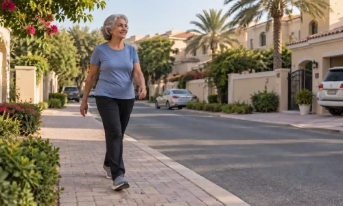 Older woman enjoying a morning walk past beige villas, palm trees and parked cars in a Dubai residential neighbourhood.