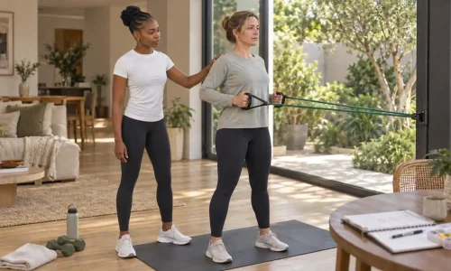Personal trainer Rozzie guiding a woman through a light row exercise.