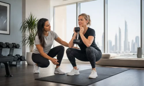 Female personal trainer coaching a private training session in Dubai