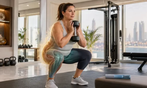 Woman performing progressive strength training to support muscle preservation during GLP-1 weight loss