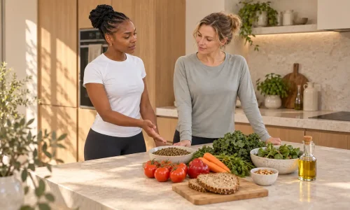 Rozzie and a client discussing lentils, vegetables, wholegrain bread and olive oil at a kitchen island.