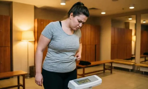 Person tracking fitness progress after a gym workout while working with a personal trainer.
