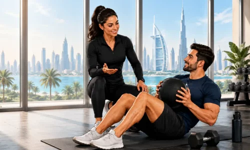 Personal trainer coaching a client during a private session in a Dubai building gym