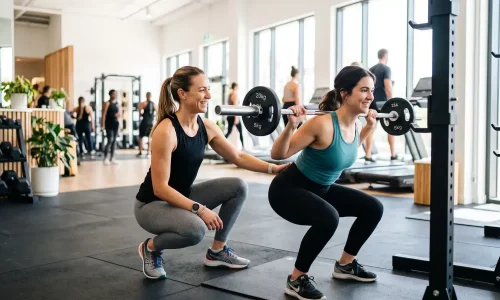 Personal trainer coaching a beginner woman through a barbell squat in a bright modern gym.