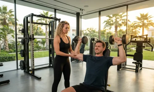 Personal trainer in Dubai coaching a busy professional during a private home workout