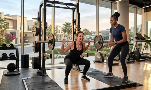 Woman performing a Goblet Squat exercise in an indoor gym