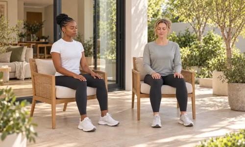 Two women practising seated meditation on a shaded terrace, with eyes closed and hands resting on their thighs.