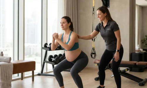 Pregnant woman performing a controlled, safe squat with a personal trainer in a bright modern training space in Dubai