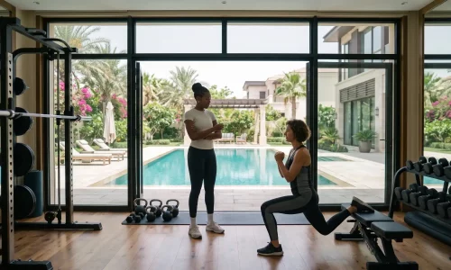 Home personal training for a Dubai Hills family in a villa garden or building gym setting