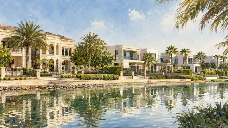 Illustrated view of Emirates Hills, Dubai with luxury villas, palm trees and waterfront residences.