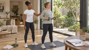 Personal trainer Rozzie guiding a woman through a light row exercise.