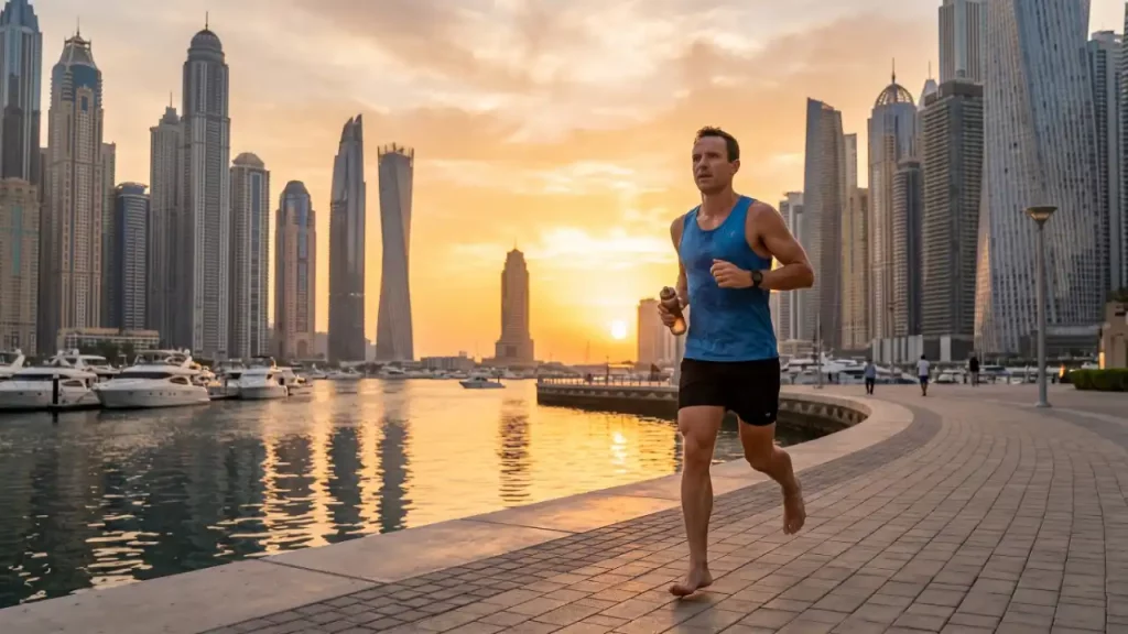 A runner doing morning cardio training on an empty stomach in front of the skyscrapers in Dubai at sunrise.