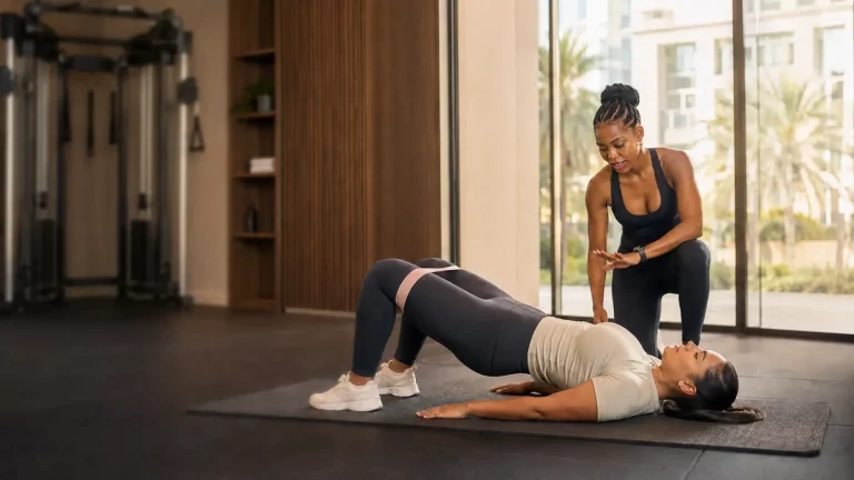 Rozzie Kinyua, female personal trainer in Dubai, coaching a client through a glute bridge exercise in a residential gym.