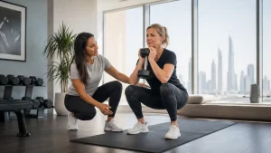 Female personal trainer coaching a private training session in Dubai