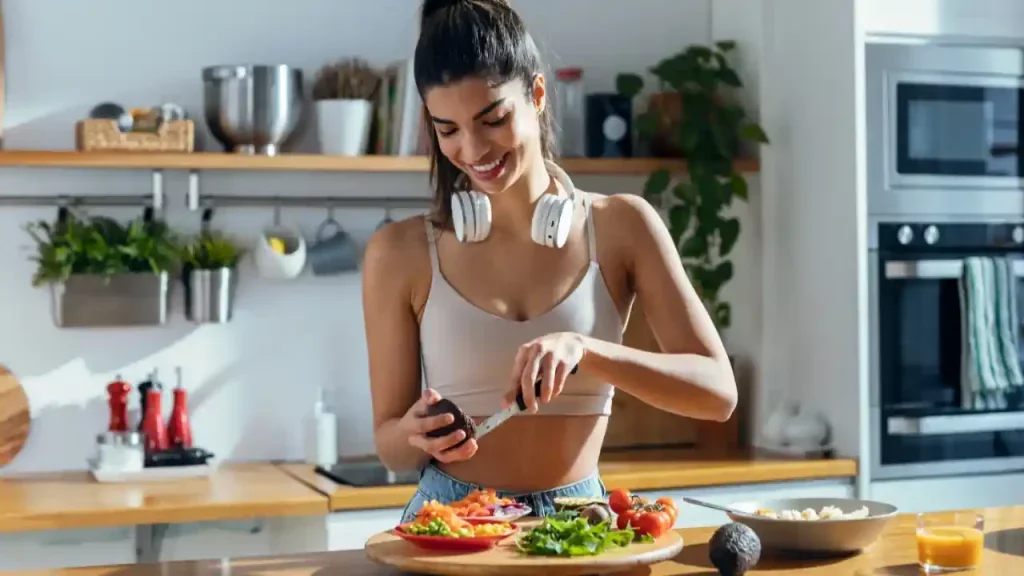 A balanced healthy plate with vegetables, lean protein, whole grains, and healthy fats for sustainable nutrition.