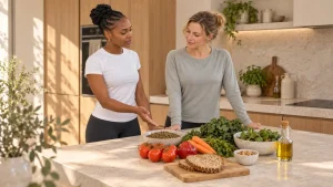 Rozzie and a client discussing lentils, vegetables, wholegrain bread and olive oil at a kitchen island.