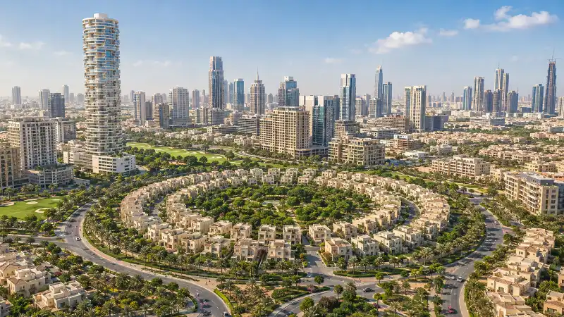 Illustrated view of Jumeirah Village Circle, Dubai with dense residential buildings, villas and landscaped streets.