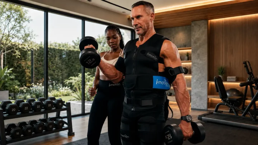 Private EMS training in Dubai with a personal trainer guiding a client during a full-body EMS workout in a modern villa gym.
