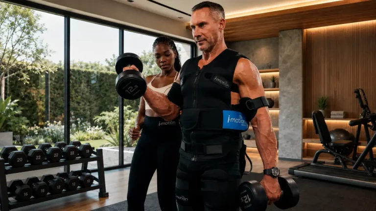 Private EMS training in Dubai with a personal trainer guiding a client during a full-body EMS workout in a modern villa gym.
