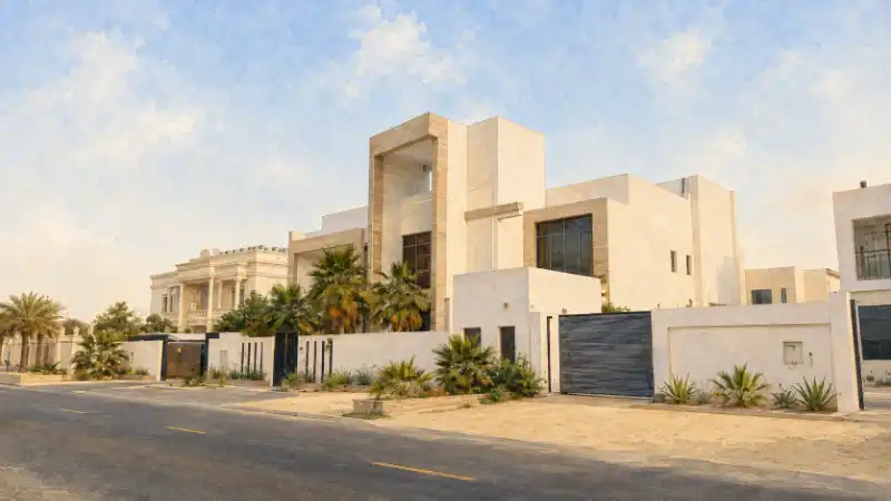 Illustrated view of Nad Al Sheba, Dubai with spacious modern villas and a quiet residential street.