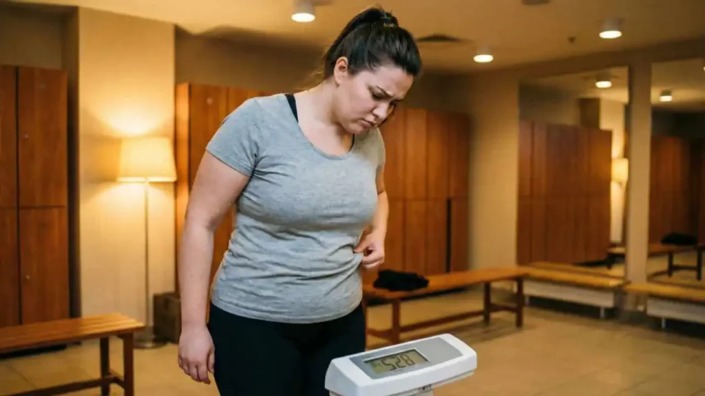 Person tracking fitness progress after a gym workout while working with a personal trainer.