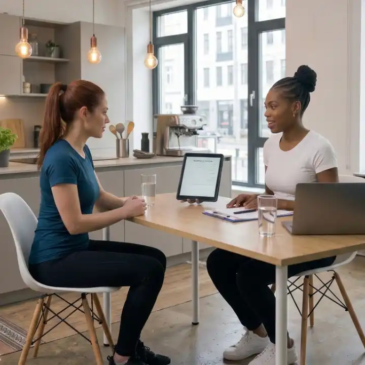 Nutrition coach Rozzie sits at a table in a modern kitchen and discusses a nutrition plan with a client.